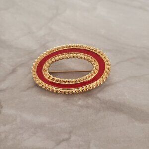 💖 Vintage 1980s 80s Monet Red Enamel Gold Classic Brooch Pin 💖